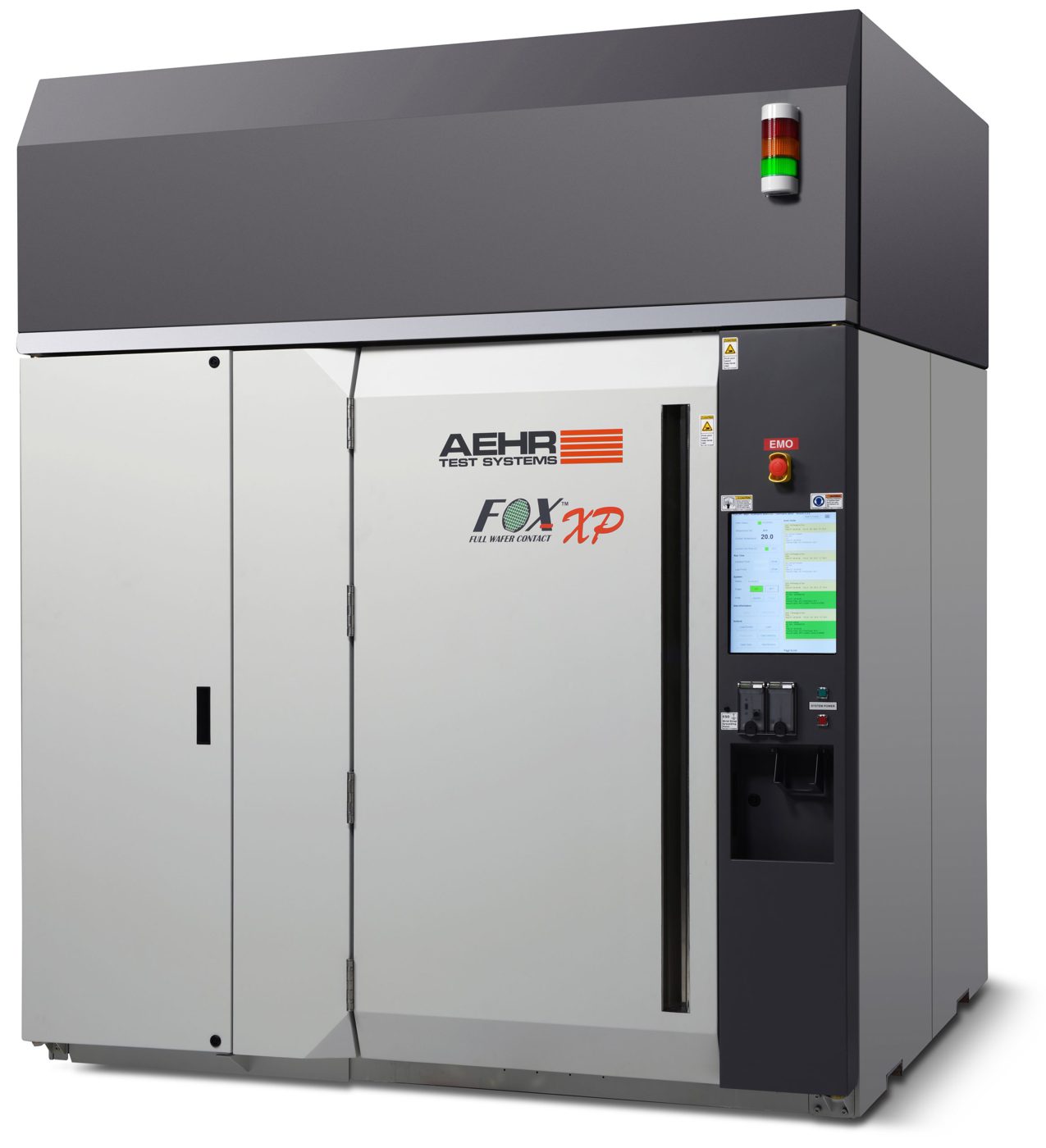 Front view of an Aehr FOX-XP wafer-level burn-in system, a tall grey cabinet with a touchscreen