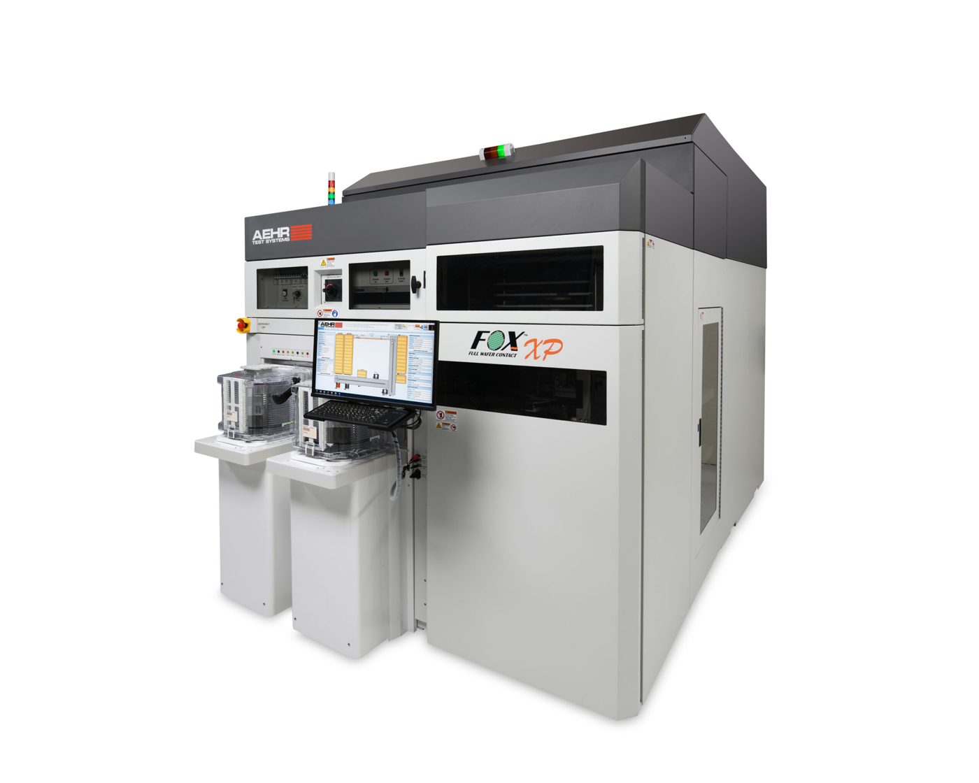 Aehr FOX-XP wafer-level burn-in system with an automated wafer aligner and loader on the left
