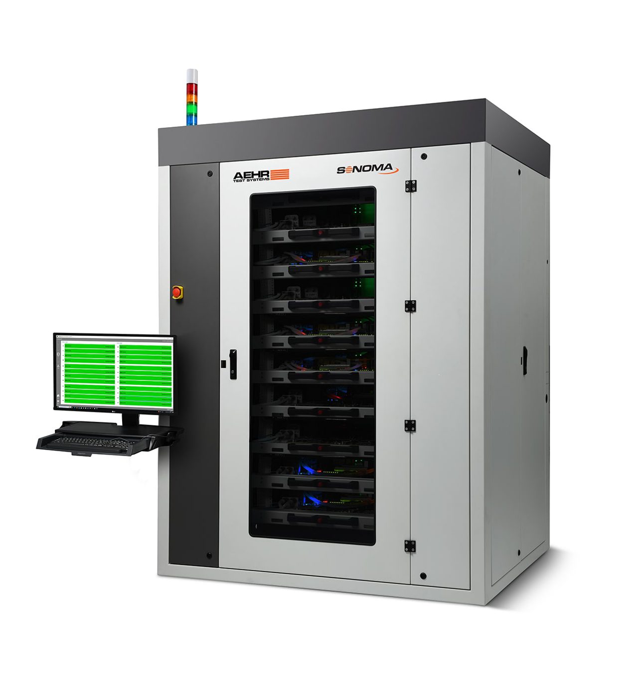 Aehr Sonoma package-level burn-in system, a tall cabinet with rows of burn-in drawers