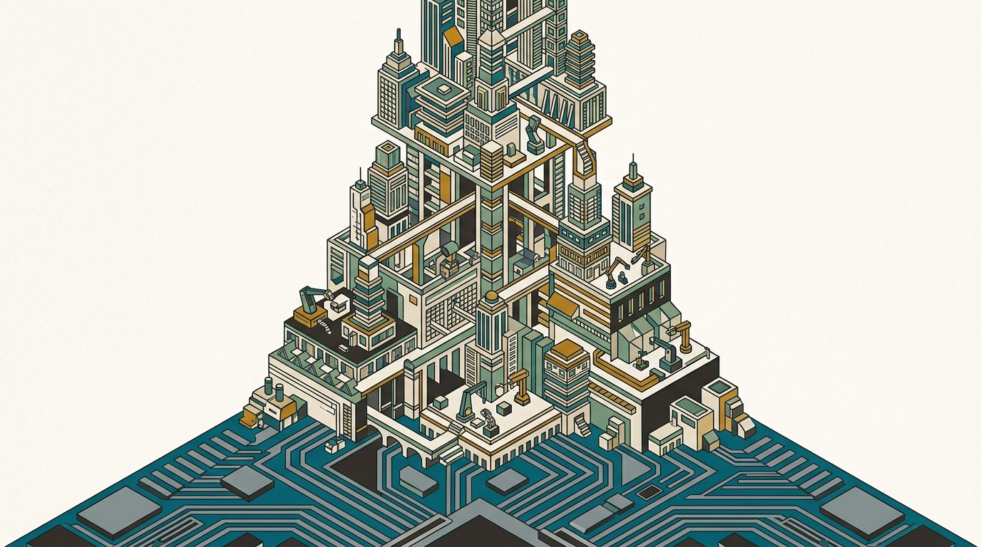 A single chip growing upward into an intricate vertical city of stacked micro-architecture on a circuit-board base