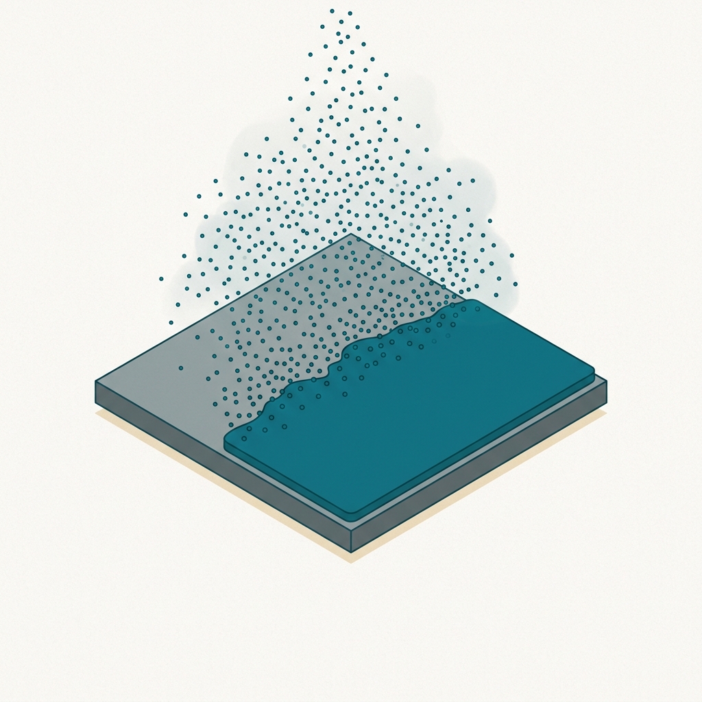 Illustration of CVD: a cloud of gas particles settling onto a wafer and forming an even film