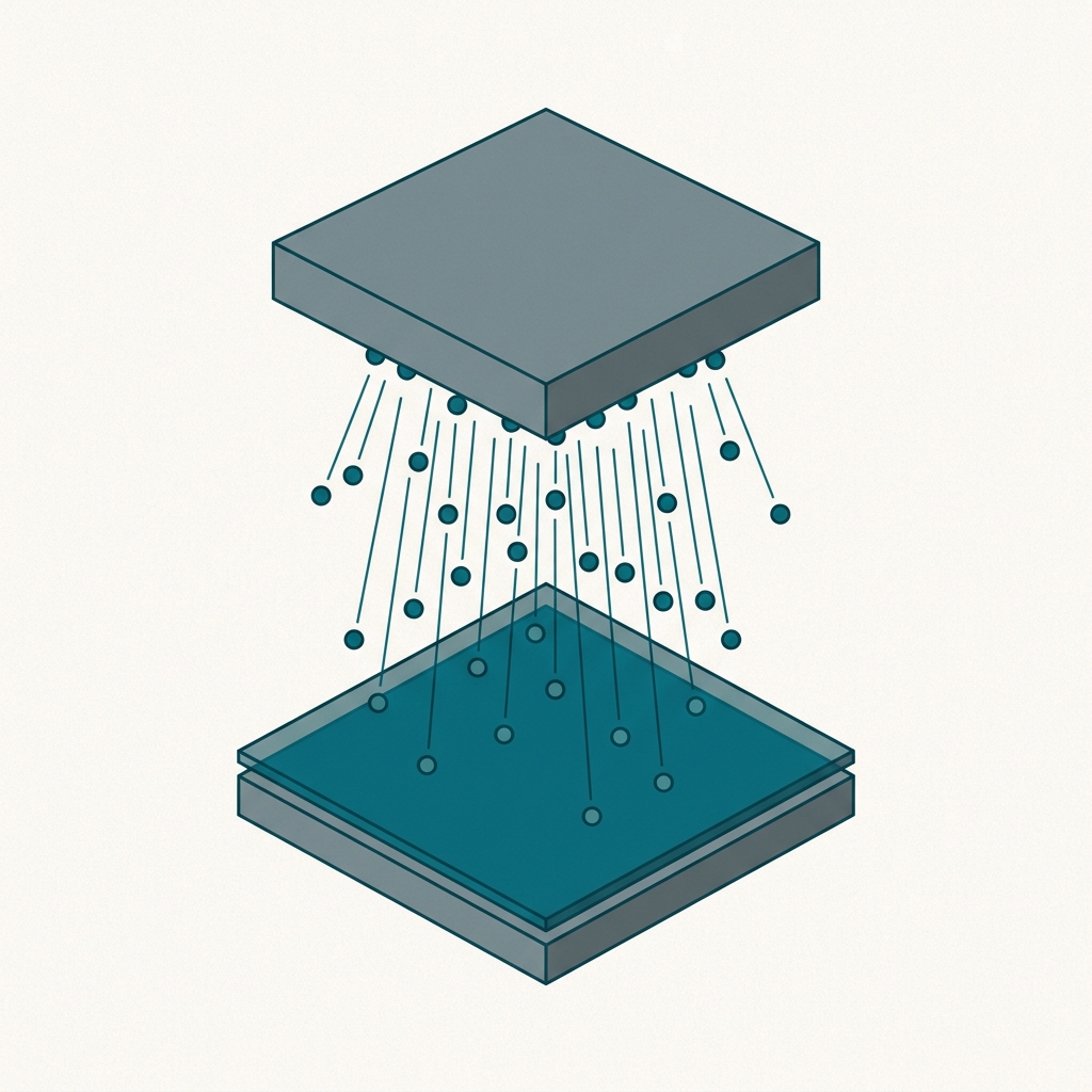 Illustration of PVD: a solid target sputtered into atoms that fly straight down onto the wafer