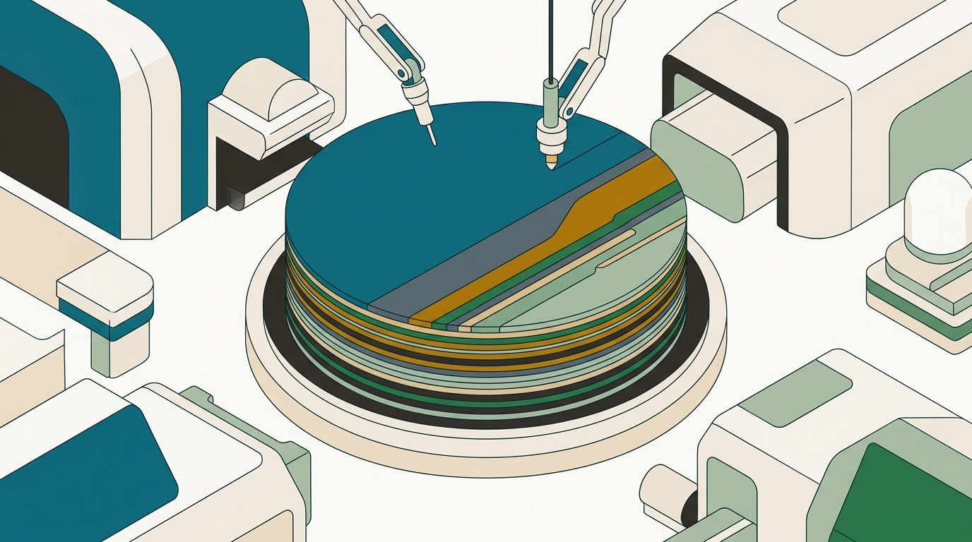 Isometric illustration: a layered silicon wafer being built up step by step by robotic deposition and polishing tools