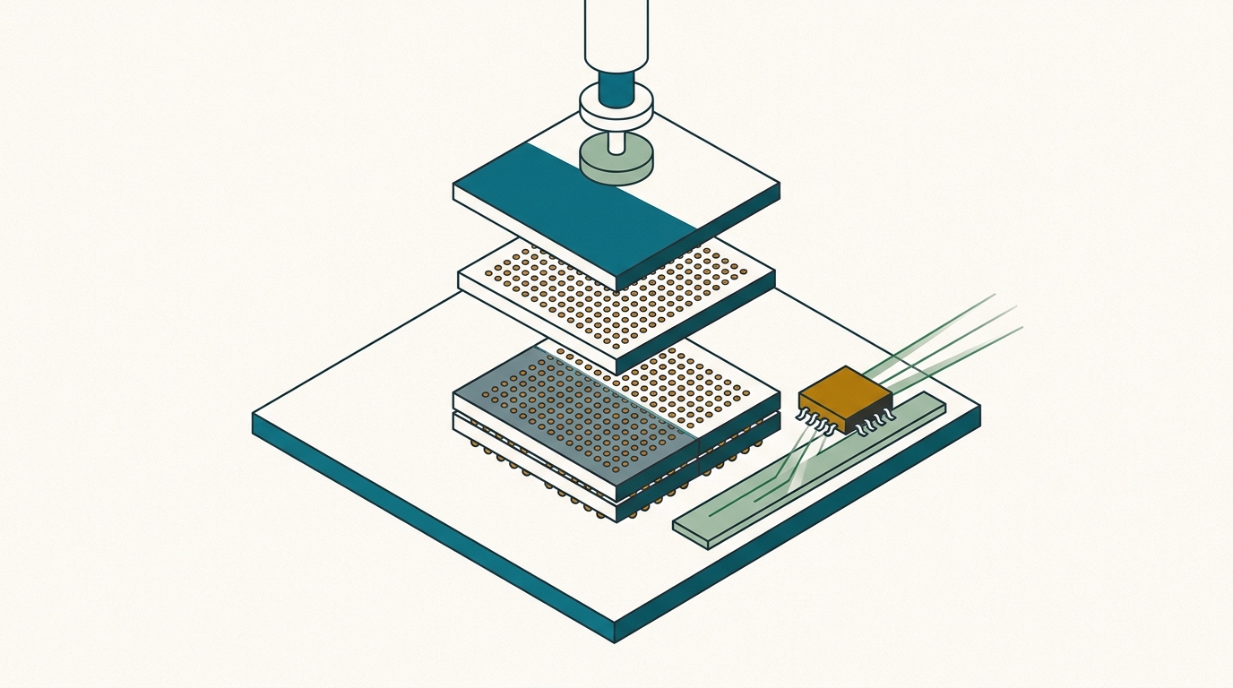 Isometric illustration: two silicon dies being pressed together with a glowing seam of copper pads fusing directly, layered materials and inspection beams visible around the stack