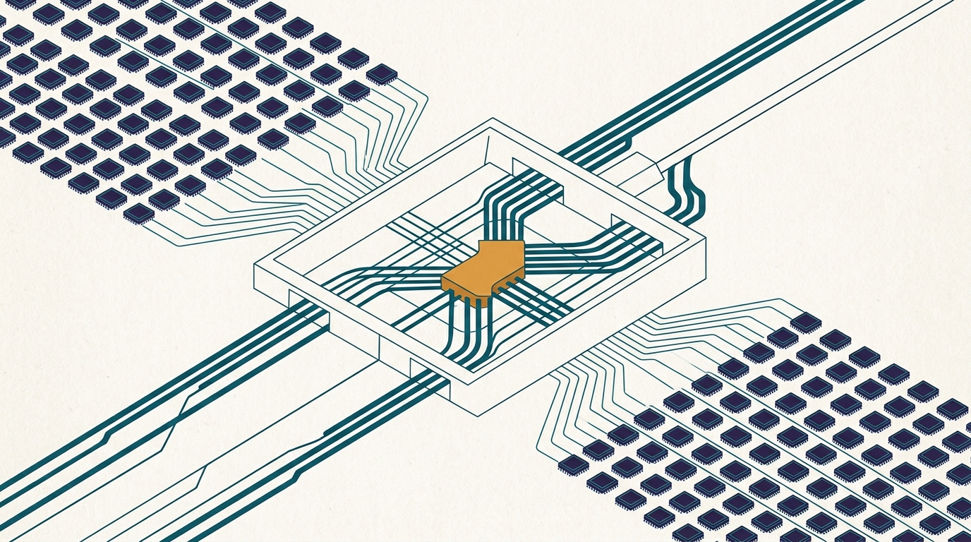 Flat editorial illustration: two grids of identical chips wired into one central hall with a single amber junction that routes all the traffic between them