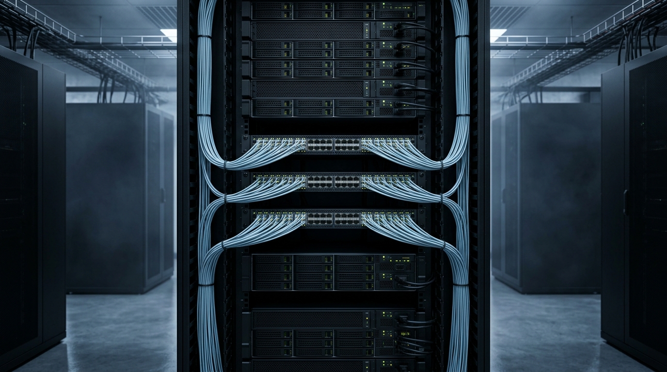 Photorealistic data-center aisle with a rack holding network switches and pale-blue fibre cables