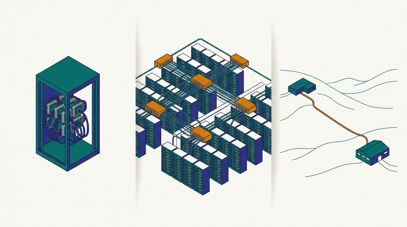 Three zones: one rack with chips on short thick cables, a hall of racks joined by two tiers of switches, and two distant buildings joined by a long line