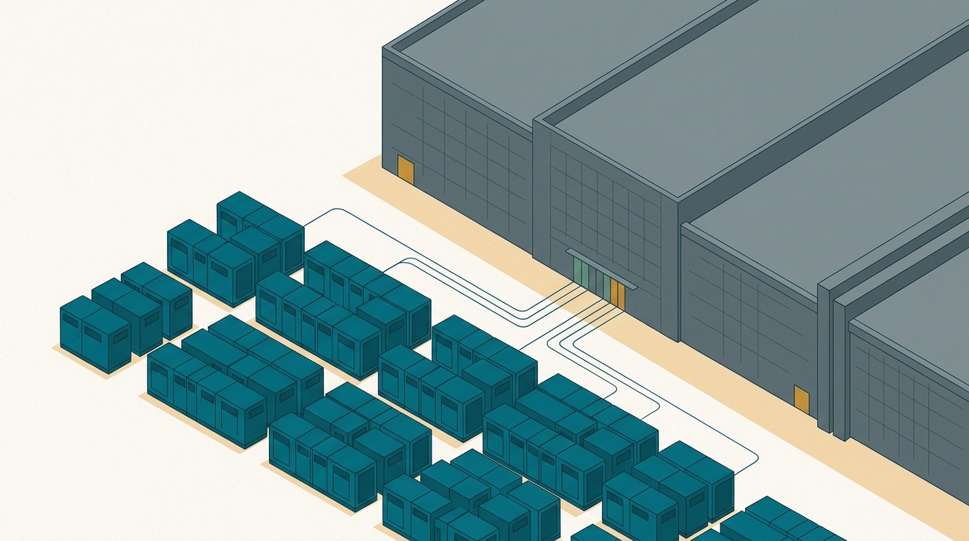 Rows of modular Bloom fuel-cell cabinets feeding power into a large AI data center, no smokestacks