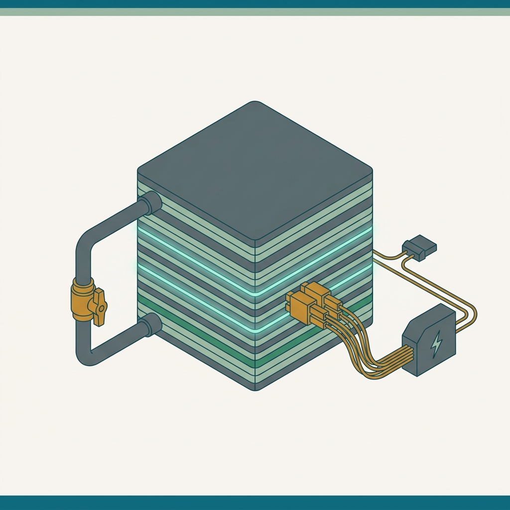A glowing layered solid-oxide fuel cell stack, fuel in one side, electricity out the other, no flame