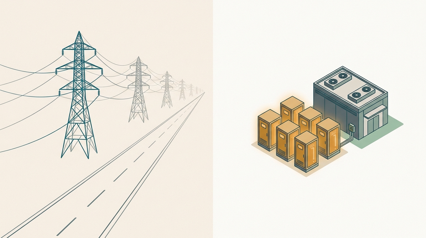 Split scene: slow distant grid towers on the left, fast onsite fuel cells on the right