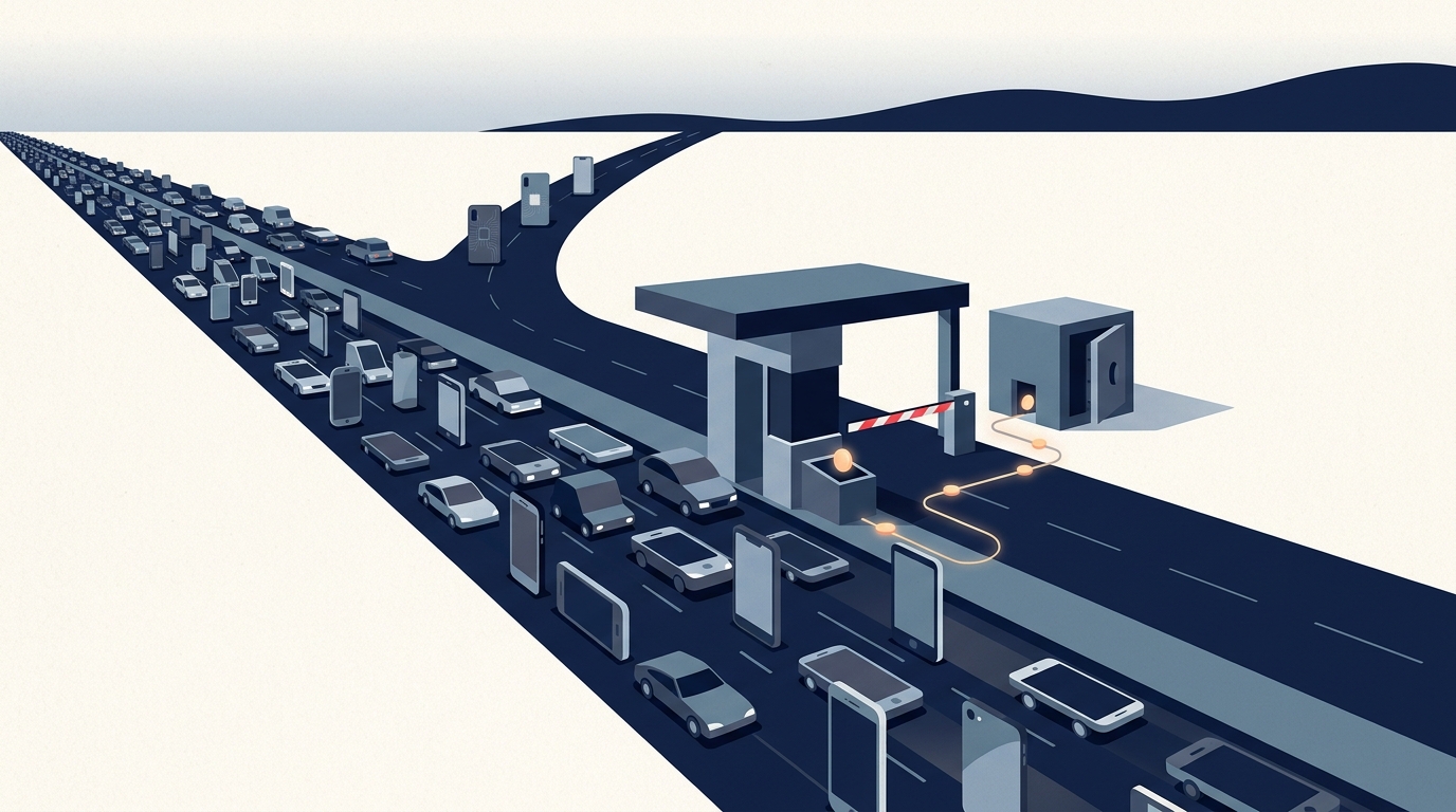 Editorial illustration of a highway toll booth built from a glowing circuit board, with cars representing different phone brands passing through and paying a toll
