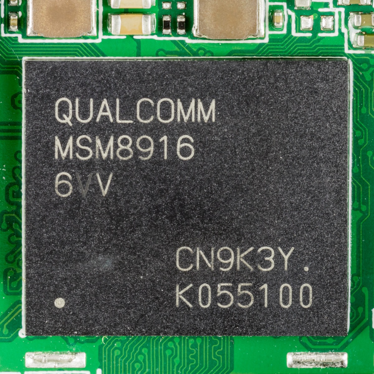 Real photo: a Qualcomm Snapdragon 410 (MSM8916) chip on a Wileyfox Swift phone board